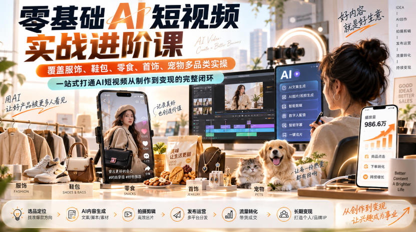 零基础AI短视频实战进阶课，覆盖服饰、鞋包、零食、首饰、宠物多品类实操，一站式打通AI短视频从制作到变现的完整闭环-87副业网 - 互联网副业项目资源分享平台