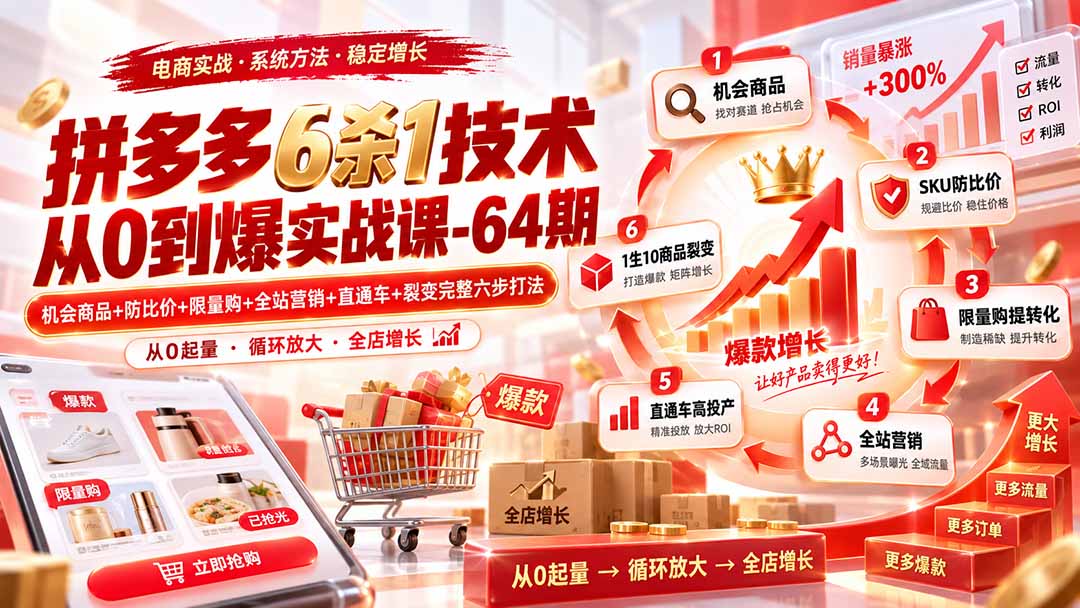 拼多多6杀1技术从0到爆实战课-64期:机会商品+防比价+限量购+全站营销+直通车+裂变完整六步打法-87副业网 - 互联网副业项目资源分享平台