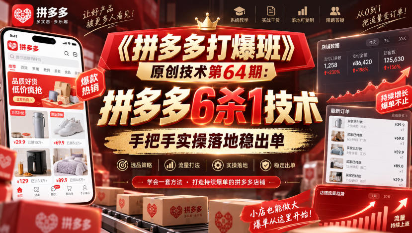 《拼多多打爆班》原创技术第64期：拼多多6杀1技术，手把手实操落地稳出单-87副业网 - 互联网副业项目资源分享平台