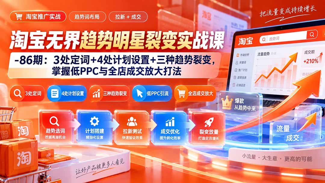 淘宝无界趋势明星裂变实战课-86期:3处定词+4处计划设置+三种趋势裂变,掌握低PPC与全店成交放大打法-87副业网 - 互联网副业项目资源分享平台