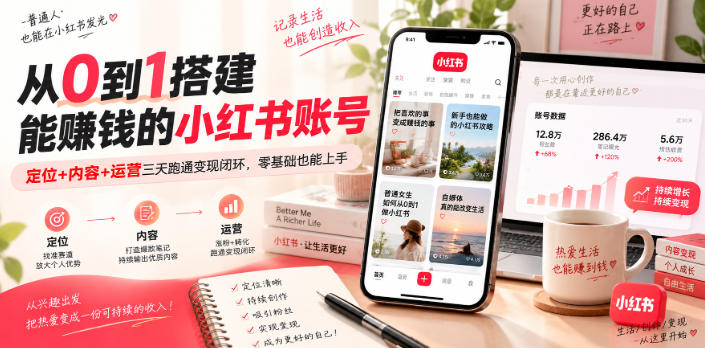 从0到1搭建能賺钱的小红书账号，定位+内容+运营三天跑通变现闭环-87副业网 - 互联网副业项目资源分享平台