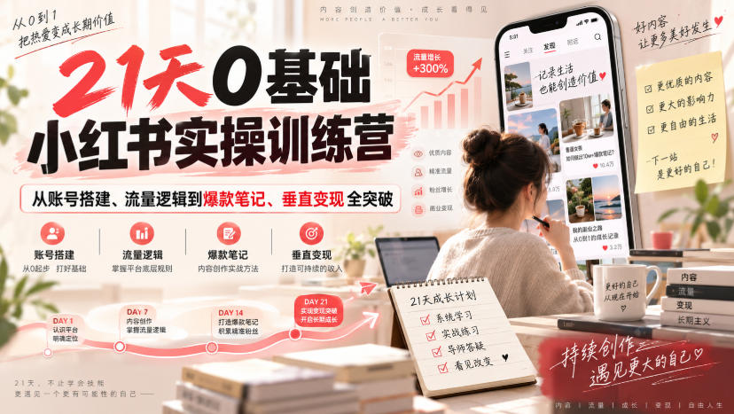 21天0基础小红书实操训练营|从账号搭建、流量逻辑到爆款笔记、垂直变现全突破-87副业网 - 互联网副业项目资源分享平台