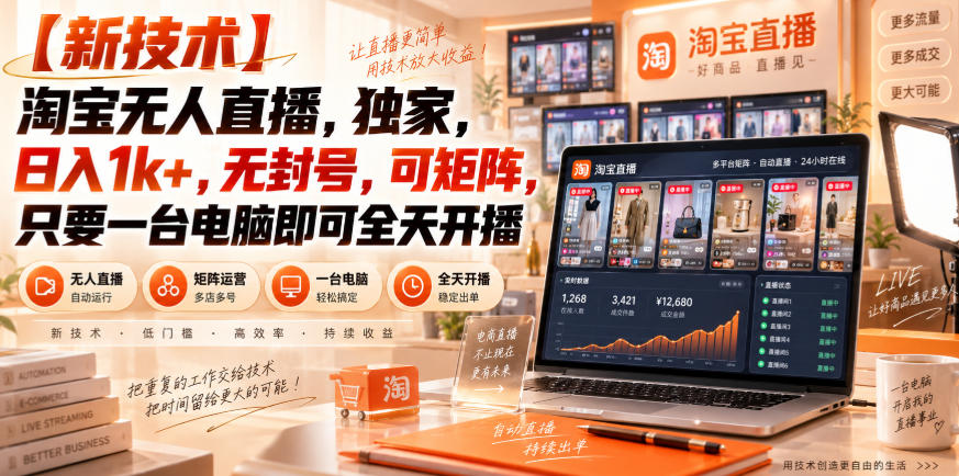 【独家新技术】淘宝无人直播,日入1k+,无封号,可矩阵,只要一台电脑即可全天开播【揭秘】-87副业网 - 互联网副业项目资源分享平台