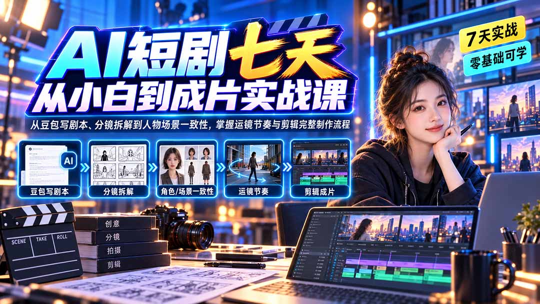 AI短剧七天从小白到成片实战课:从豆包写剧本、分镜拆解到人物场景一致性,掌握运镜节奏与剪辑完整制作流程-87副业网 - 互联网副业项目资源分享平台