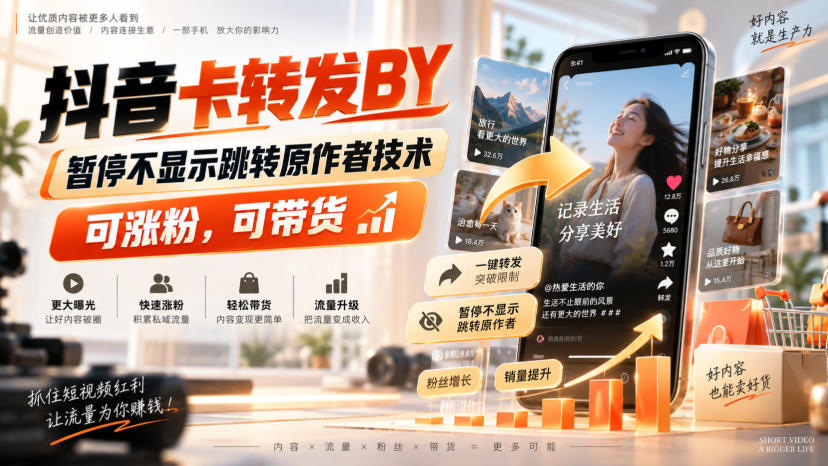 抖音卡转发搬运，暂停不显示跳转原作者技术，可涨粉，可带货-87副业网 - 互联网副业项目资源分享平台