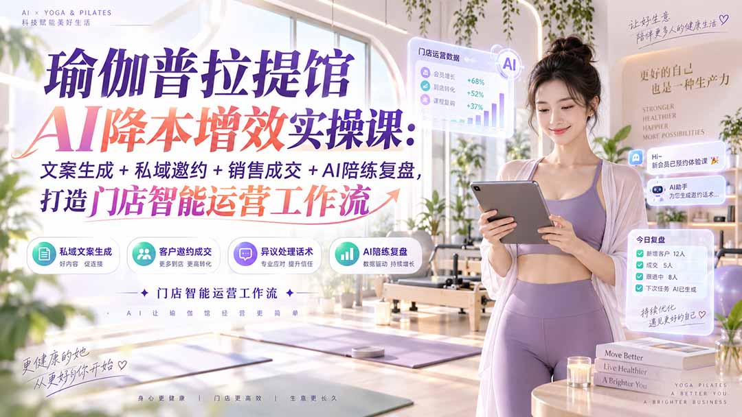 瑜伽普拉提馆AI降本增效实操课：文案生成+私域邀约+销售成交+AI陪练复盘，打造门店智能运营工作流-87副业网 - 互联网副业项目资源分享平台