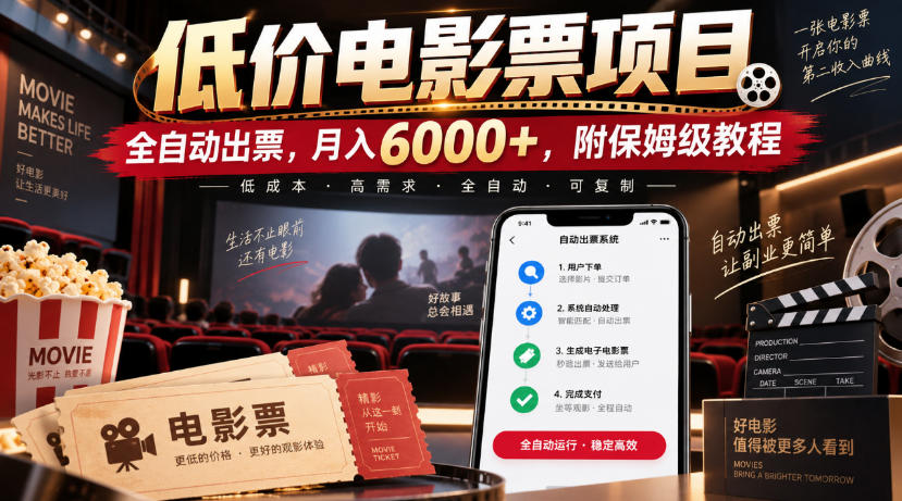 低价电影票项目，全自动出票，月入6000+，附保姆级教程【揭秘】-87副业网 - 互联网副业项目资源分享平台