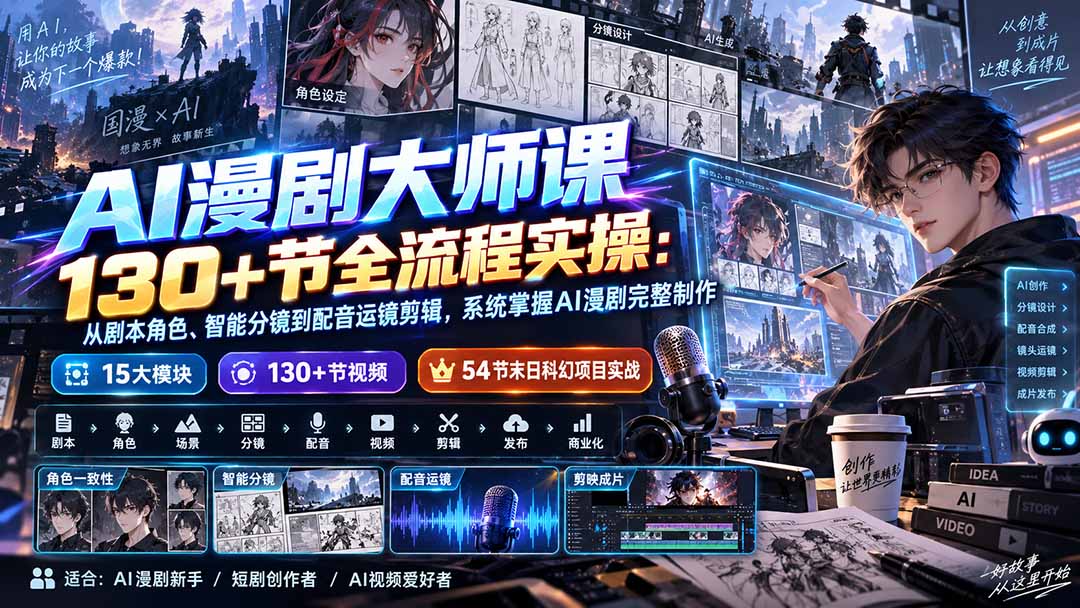 AI漫剧大师课130+节全流程实操:从剧本角色、智能分镜到配音运镜剪辑,系统掌握AI漫剧完整制作-87副业网 - 互联网副业项目资源分享平台