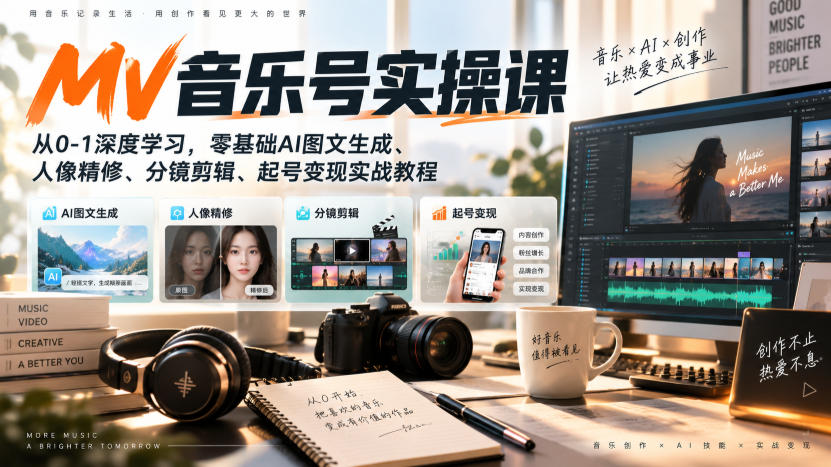 AI MV音乐号实操课，从0-1深度学习，零基础AI图文生成、人像精修、分镜剪辑、起号变现实战教程-87副业网 - 互联网副业项目资源分享平台