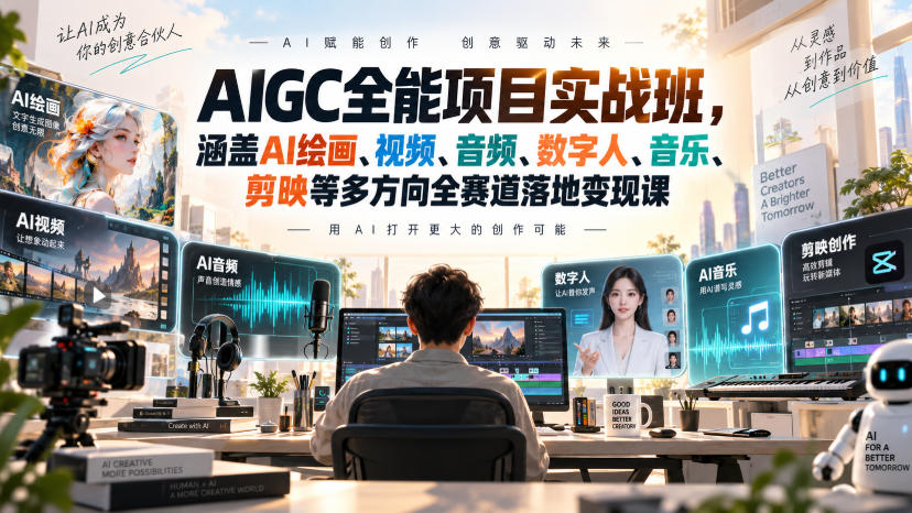 AIGC全能项目实战班，涵盖AI绘画、视频、音频、数字人、音乐、剪映等多方向全赛道落地变现课-87副业网 - 互联网副业项目资源分享平台