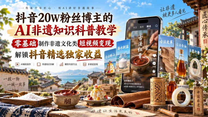 抖音20W粉丝博主的AI非遗知识科普教学，零基础制作非遗文化类短视频变现，解锁抖音精选独家收益-87副业网 - 互联网副业项目资源分享平台