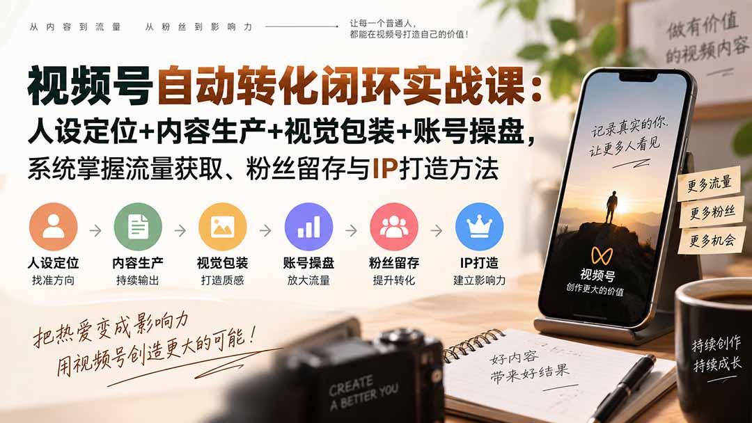 视频号自动转化闭环实战课:人设定位+内容生产+视觉包装+账号操盘,系统掌握流量获取、粉丝留存与IP打造方法-87副业网 - 互联网副业项目资源分享平台