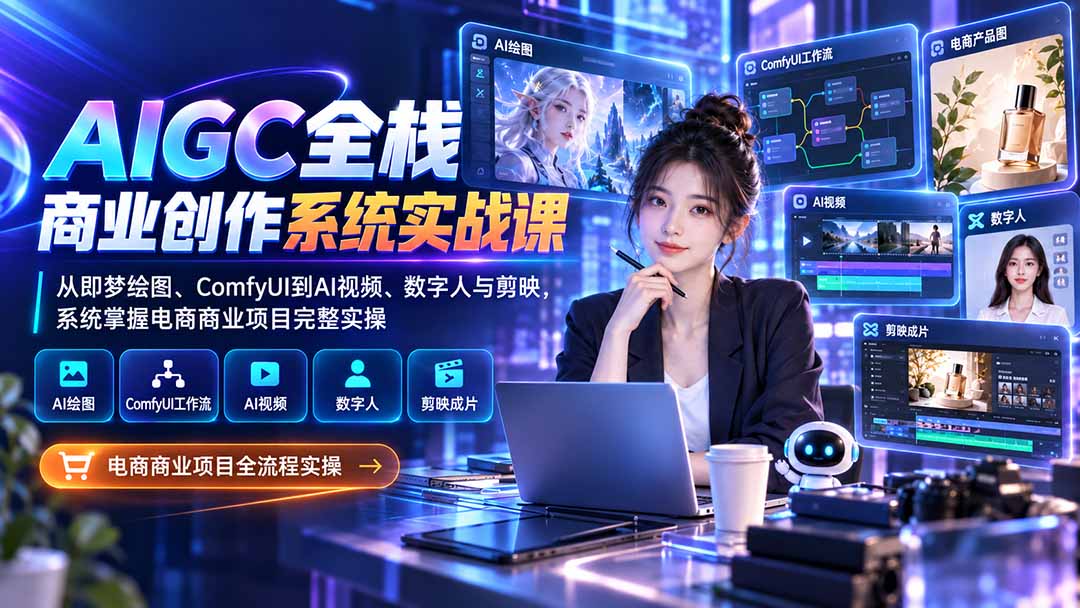 AIGC全栈商业创作系统实战课：从即梦绘图、ComfyUI到AI视频、数字人与剪映，系统掌握电商商业项目完整实操-87副业网 - 互联网副业项目资源分享平台