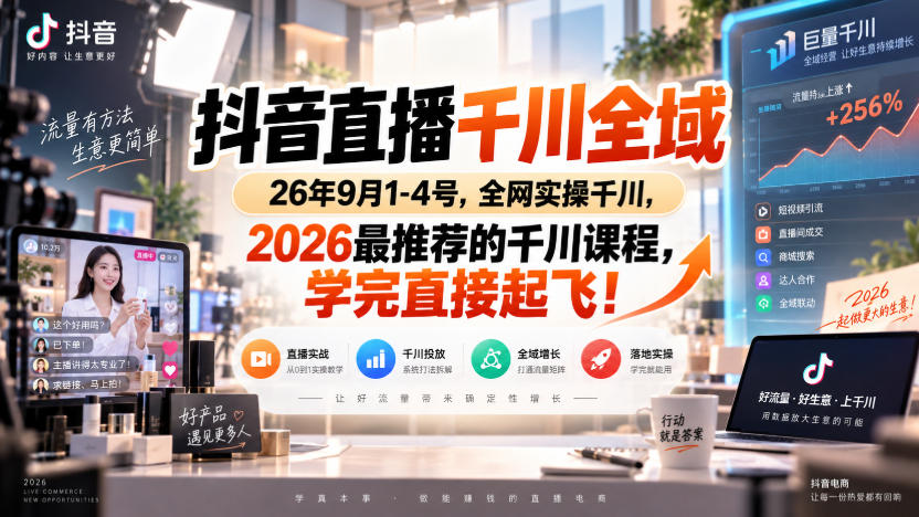 抖音直播千川全域26年9月1-4号,全网实操千川,2026最推荐的千川课程,学完直接起飞!-87副业网 - 互联网副业项目资源分享平台