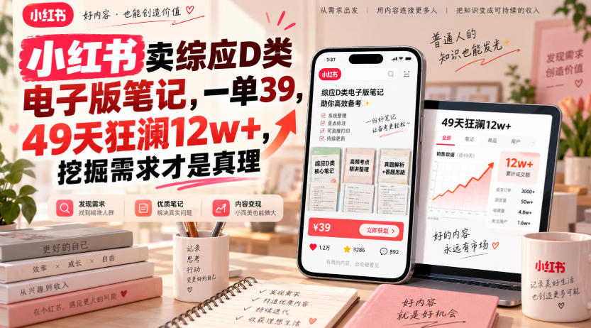 小红书卖综应D类电子版笔记,一单39,49天狂澜12w+,挖掘需求才是真理-87副业网 - 互联网副业项目资源分享平台