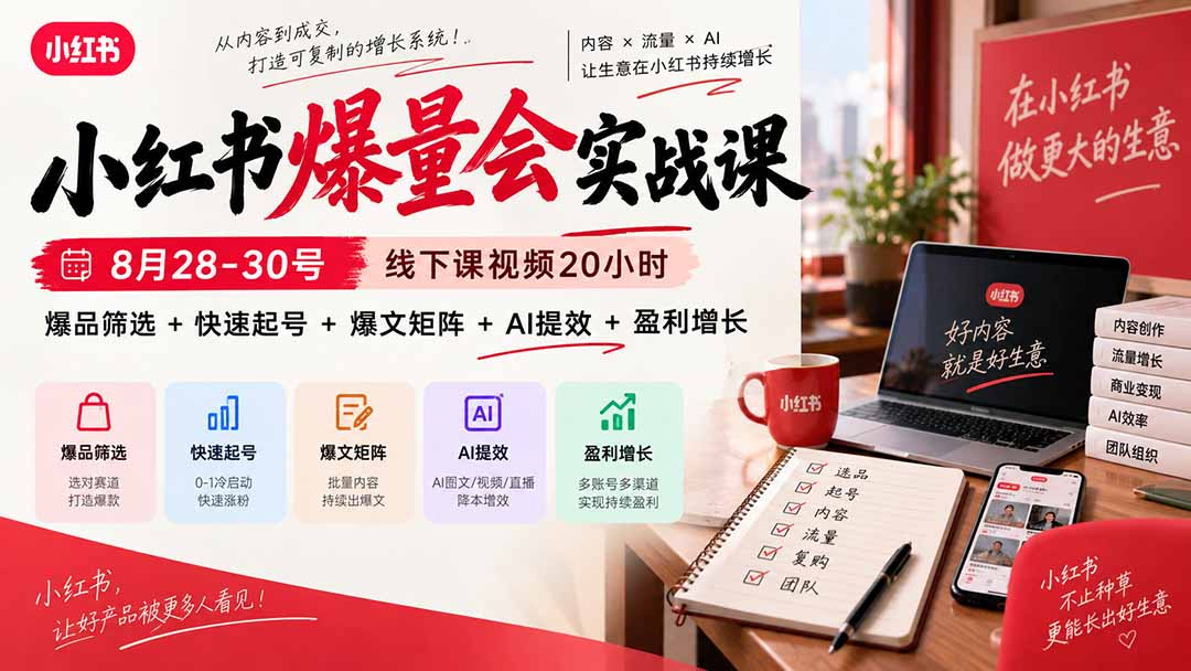 小红书爆量会实战课：8月28-30号线下课视频20小时，爆品筛选+快速起号+爆文矩阵+AI提效+盈利增长-87副业网 - 互联网副业项目资源分享平台