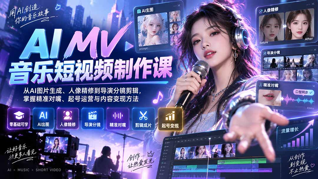 AI MV音乐短视频制作课：从AI图片生成、人像精修到导演分镜剪辑，掌握精准对嘴、起号运营与内容变现方法-87副业网 - 互联网副业项目资源分享平台