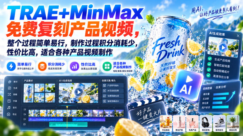 TRAE+MinMax免费复刻产品视频，整个过程简单易行，制作过程积分消耗少，性价比高，适合各种产品视频制作 - 87副业网