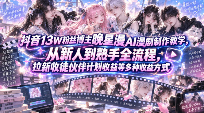 抖音13W粉丝博主晚星漫AI漫剧制作教学,从新人到熟手全流程,拉新收徒伙伴计划收益等多种收益方式,单日1K+-87副业网 - 互联网副业项目资源分享平台
