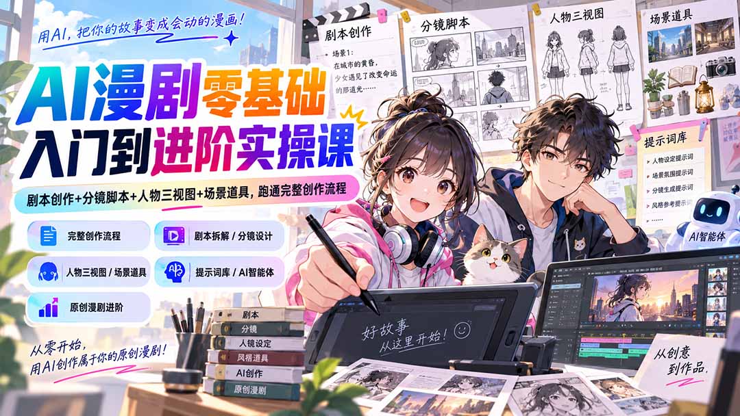 AI漫剧零基础入门到进阶实操课：剧本创作+分镜脚本+人物三视图+场景道具，跑通完整创作流程-87副业网 - 互联网副业项目资源分享平台
