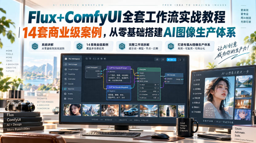 Flux+ComfyUI全套工作流实战教程|14套商业级案例,从零基础搭建AI图像生产体系-87副业网 - 互联网副业项目资源分享平台