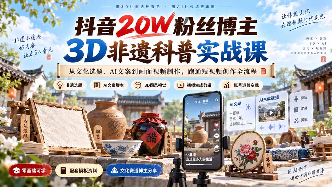 抖音20W粉丝博主3D非遗科普实战课：从文化选题、AI文案到画面视频制作，跑通短视频创作全流程-87副业网 - 互联网副业项目资源分享平台