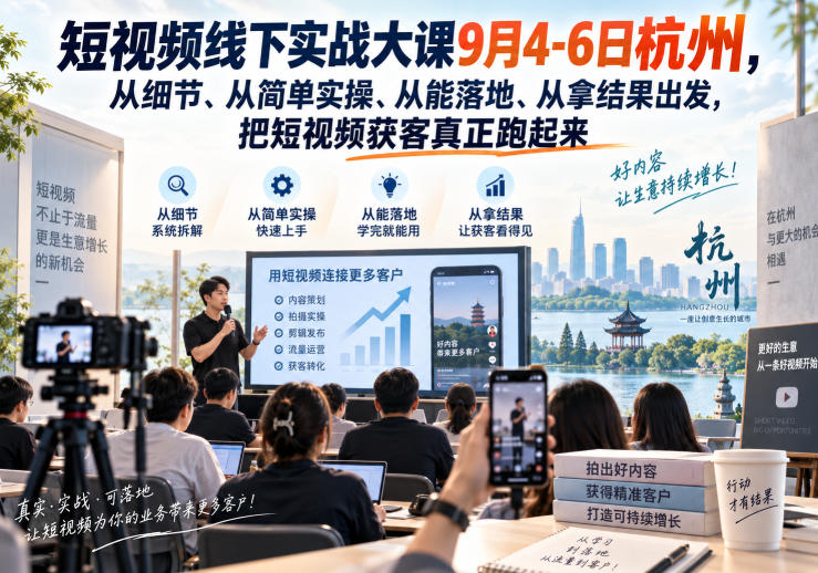 短视频线下实战大课9月4-6日杭州，从细节、从简单实操、从能落地、从拿结果出发，把短视频获客真正跑起来-87副业网 - 互联网副业项目资源分享平台