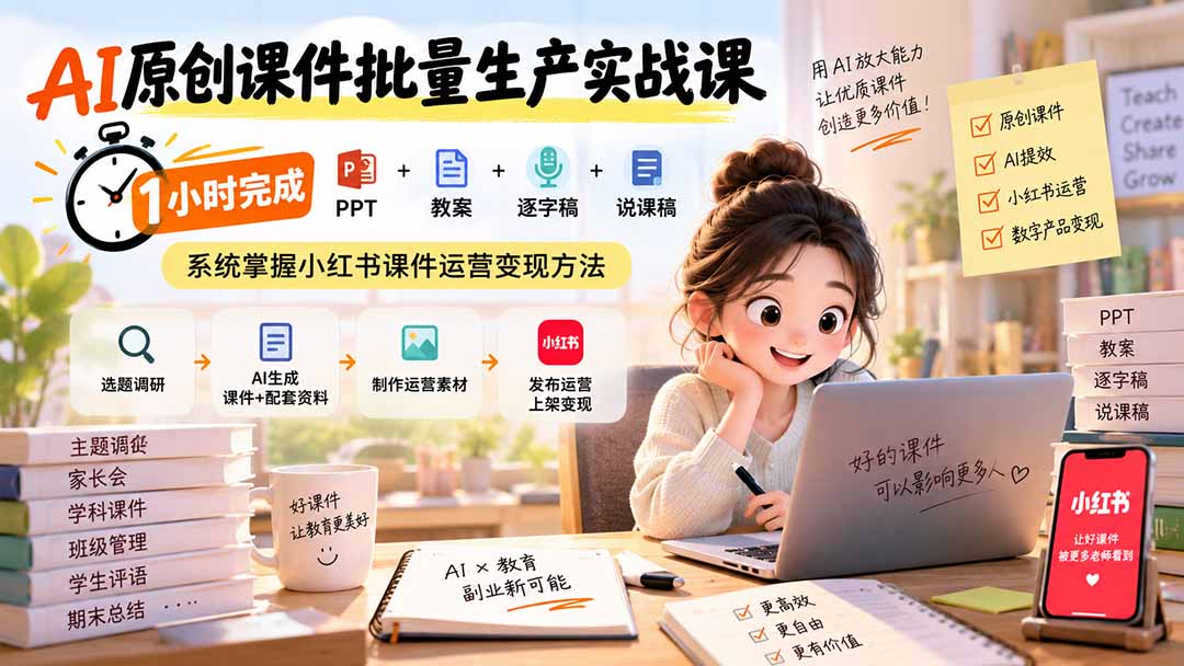 AI原创课件批量生产实战课：1小时完成PPT+教案+逐字稿+说课稿，系统掌握小红书课件运营变现方法-87副业网 - 互联网副业项目资源分享平台