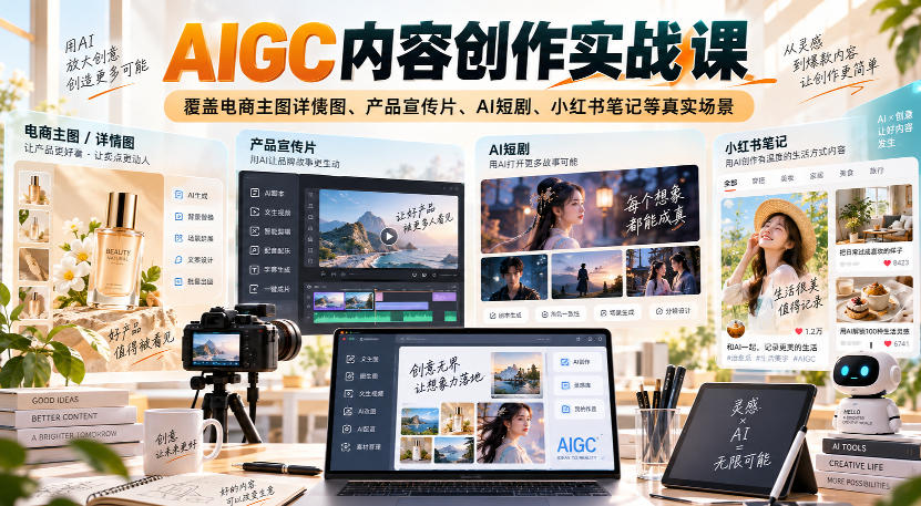 AIGC内容创作实战课，覆盖电商主图详情图、产品宣传片、AI短剧、小红书笔记等真实场景-87副业网 - 互联网副业项目资源分享平台