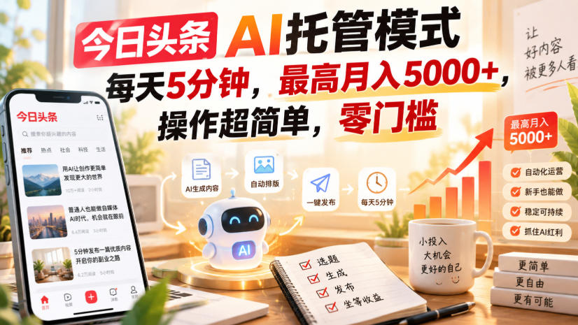 今日头条AI托管模式,每天5分钟,最高月入5000+,操作超简单,零门槛【揭秘】-87副业网 - 互联网副业项目资源分享平台