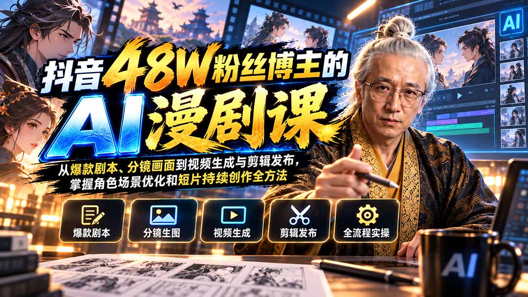 抖音48W粉丝博主的AI漫剧课：从爆款剧本、分镜画面到视频生成与剪辑发布，掌握角色场景优化和短片持续创作全方法-87副业网 - 互联网副业项目资源分享平台
