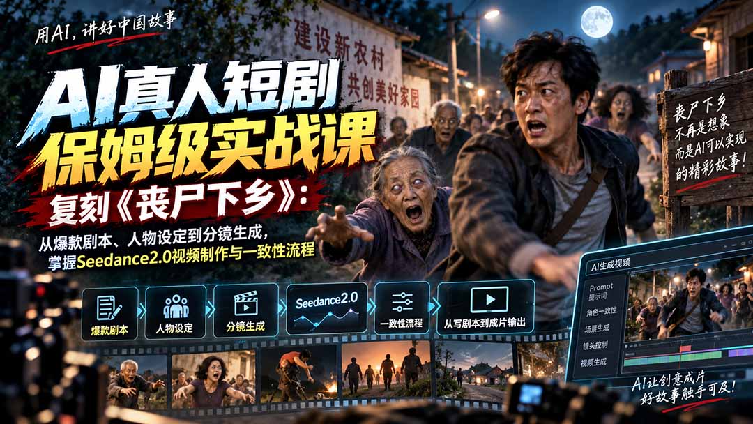 AI真人短剧保姆级实战课，复刻《丧尸下乡》：从爆款剧本、人物设定到分镜生成，掌握Seedance2.0视频制作与一致性流程-87副业网 - 互联网副业项目资源分享平台
