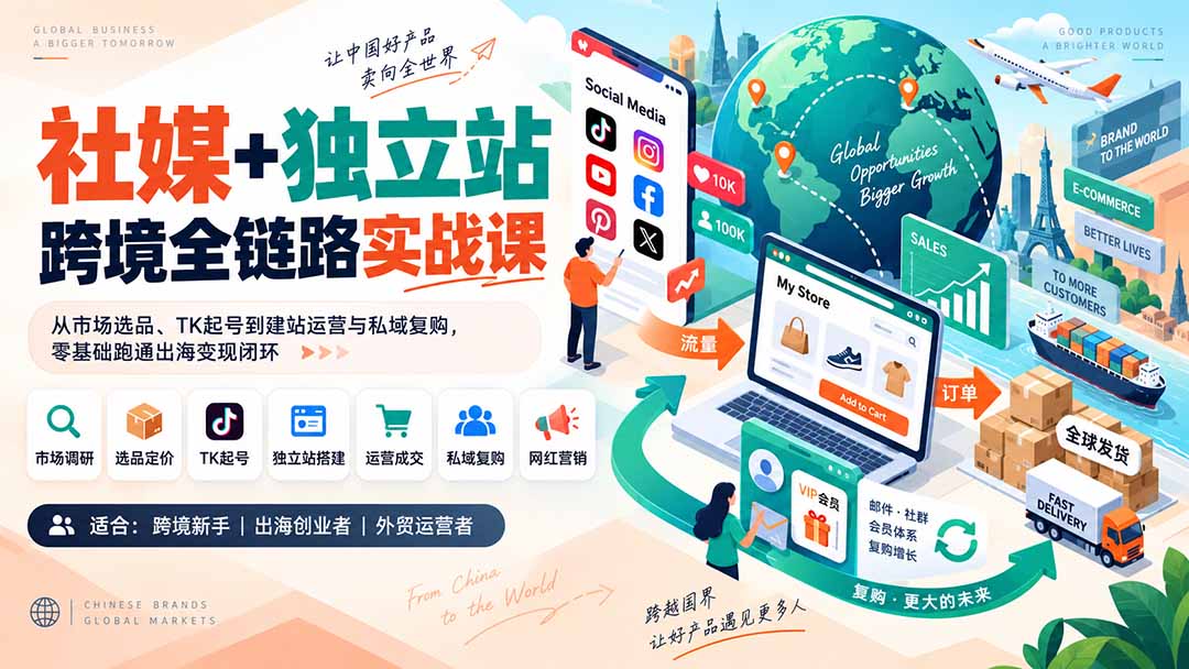 社媒+独立站跨境全链路实战课：从市场选品、TK起号到建站运营与私域复购，零基础跑通出海变现闭环-87副业网 - 互联网副业项目资源分享平台