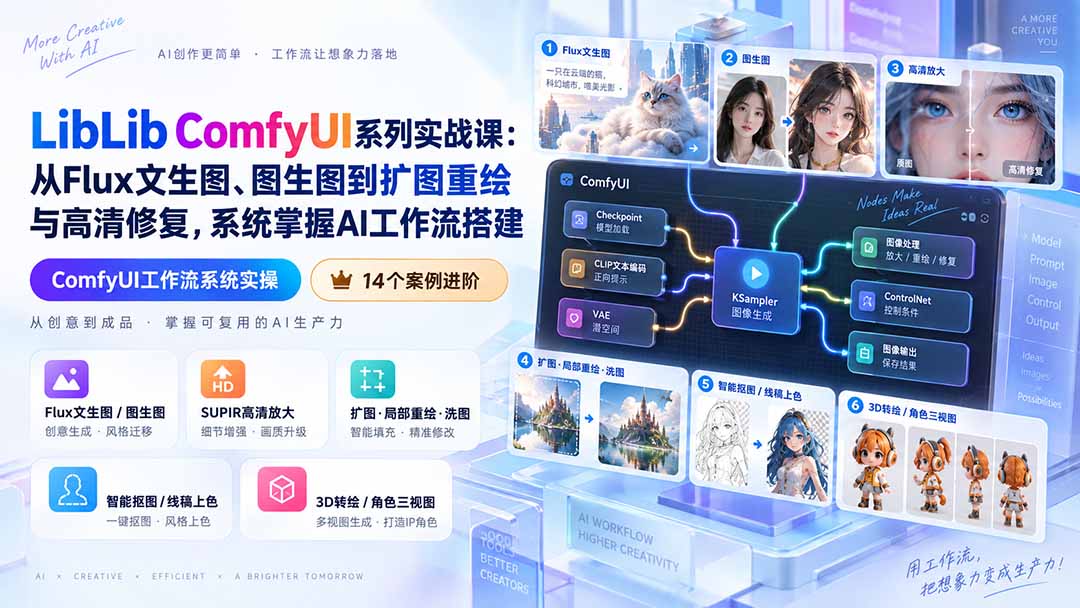 LibLib ComfyUI系列实战课：从Flux文生图、图生图到扩图重绘与高清修复，系统掌握AI工作流搭建-87副业网 - 互联网副业项目资源分享平台