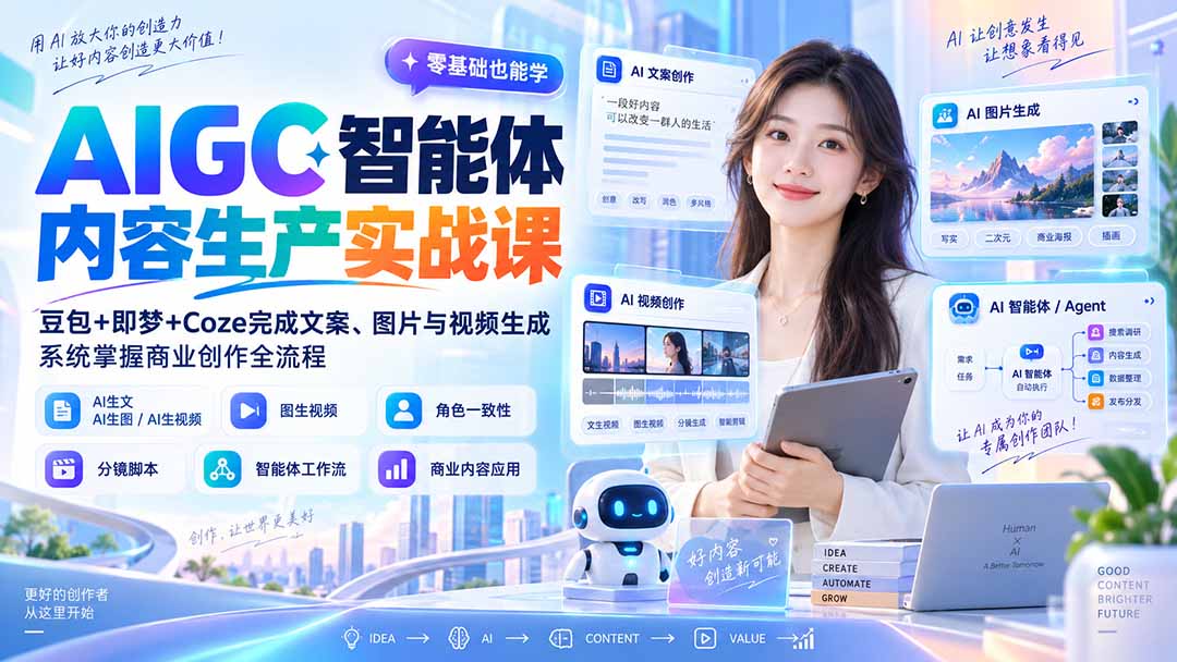 AIGC智能体内容生产实战课：豆包+即梦+Coze完成文案、图片与视频生成，系统掌握商业创作全流程-87副业网 - 互联网副业项目资源分享平台