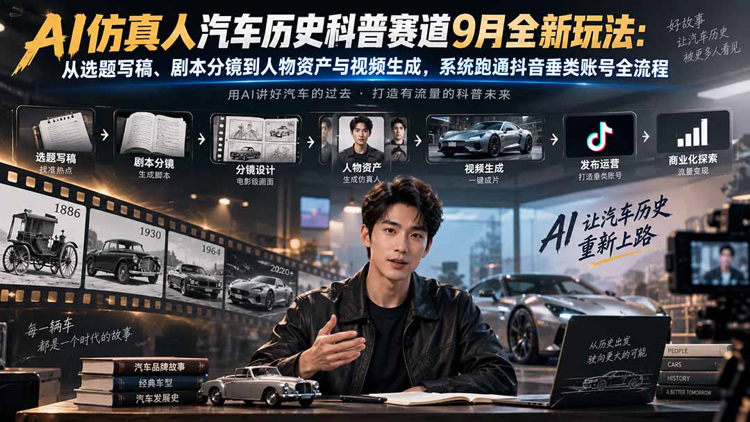 AI仿真人汽车历史科普赛道9月全新玩法：从选题写稿、剧本分镜到人物资产与视频生成，系统跑通抖音垂类账号全流程 - 87副业网