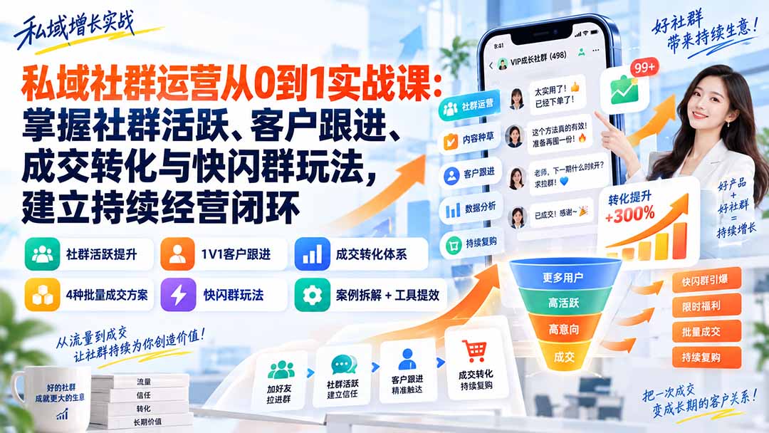 私域社群运营从0到1实战课：掌握社群活跃、客户跟进、成交转化与快闪群玩法，建立持续经营闭环-87副业网 - 互联网副业项目资源分享平台