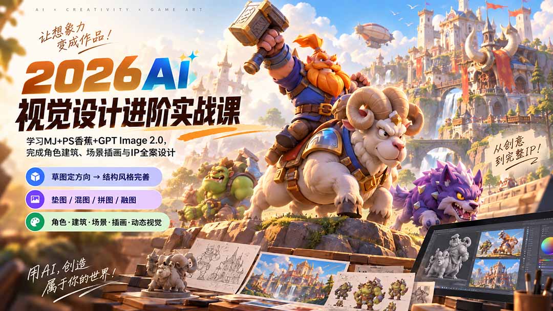 2026AI视觉设计进阶实战课-更新：学习MJ+PS香蕉+GPT Image 2.0，完成角色建筑、场景插画与IP全案设计-87副业网 - 互联网副业项目资源分享平台
