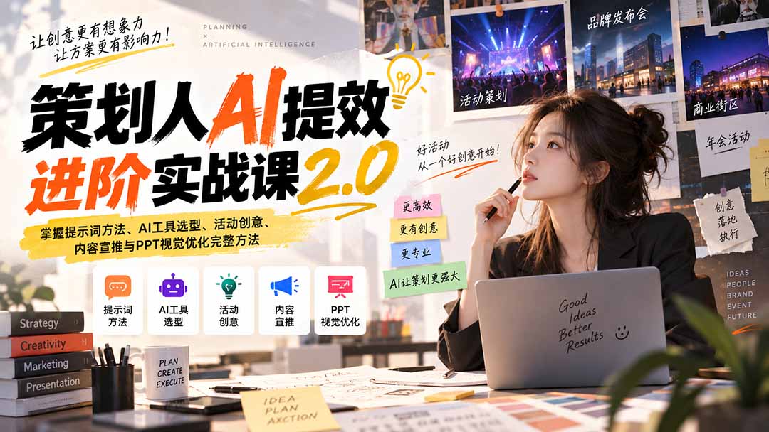 策划人AI提效进阶实战课2.0：掌握提示词方法、AI工具选型、活动创意、内容宣推与PPT视觉优化完整方法-87副业网 - 互联网副业项目资源分享平台