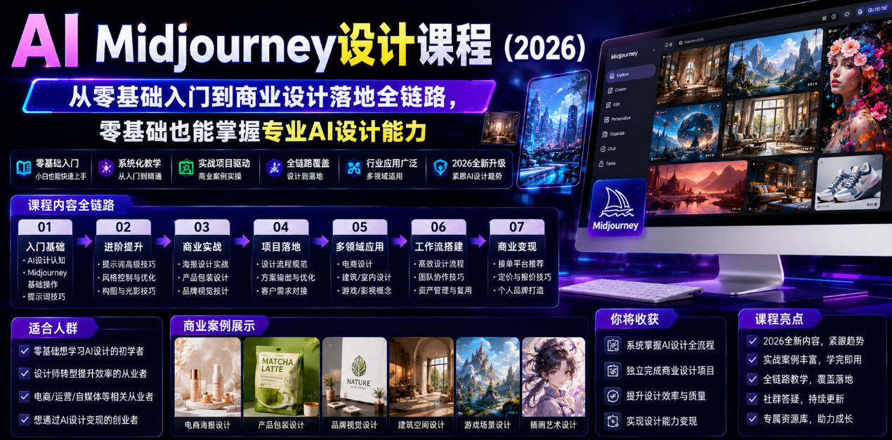 AI Midjourney设计课程(2026)，从零基础入门到商业设计落地全链路，零基础也能掌握专业AI设计能力(更新0913)-87副业网 - 互联网副业项目资源分享平台