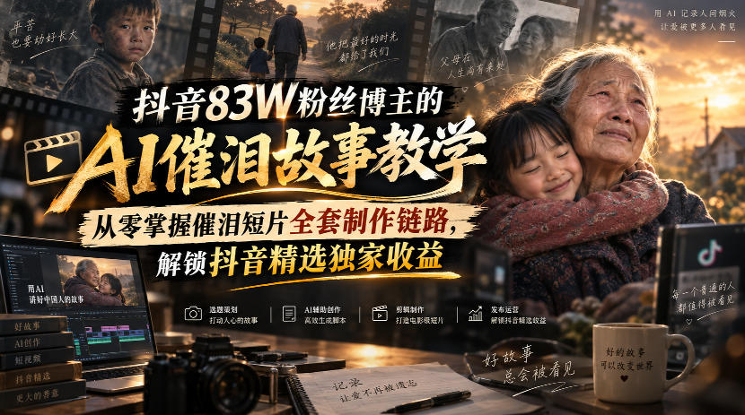抖音83W粉丝博主的AI催泪故事教学，从零掌握催泪短片全套制作链路，解锁抖音精选独家收益-87副业网 - 互联网副业项目资源分享平台