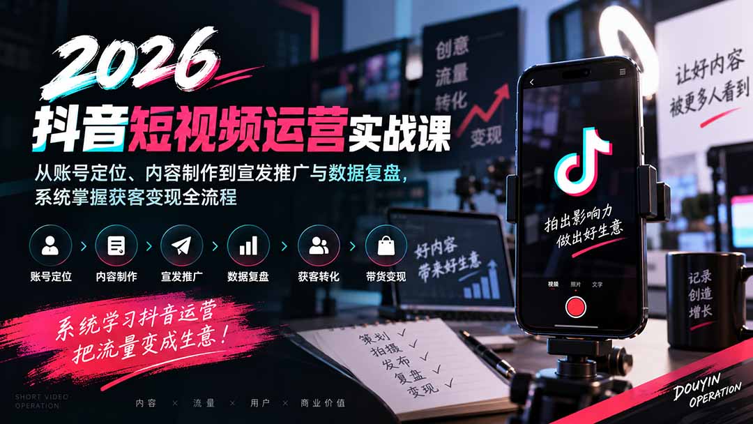 2026抖音短视频运营实战课：从账号定位、内容制作到宣发推广与数据复盘，系统掌握获客变现全流程-87副业网 - 互联网副业项目资源分享平台