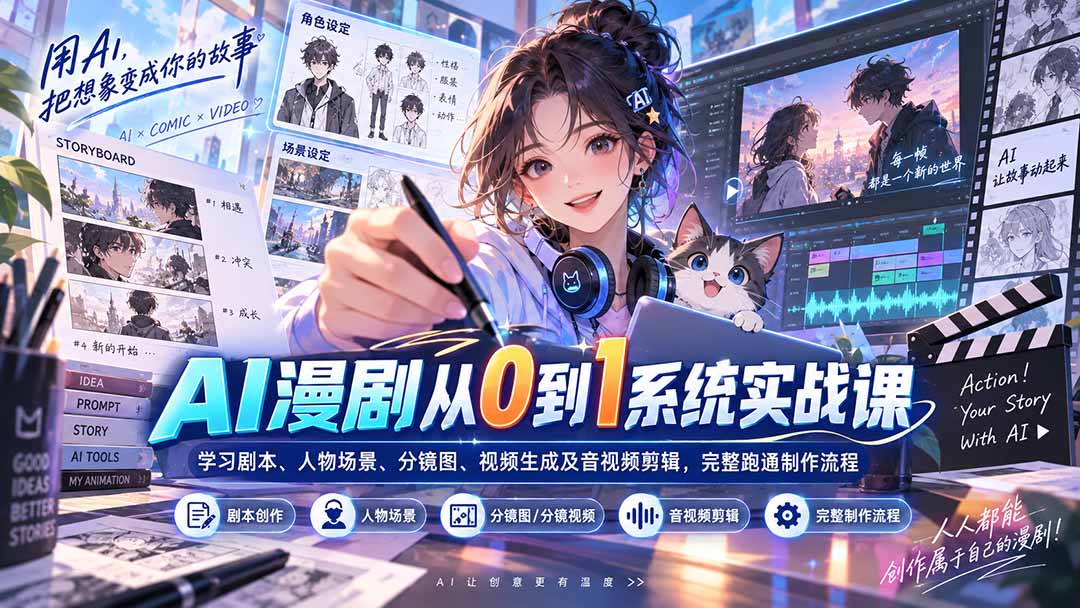 AI漫剧从0到1系统实战课：学习剧本、人物场景、分镜图、视频生成及音视频剪辑，完整跑通制作流程-87副业网 - 互联网副业项目资源分享平台