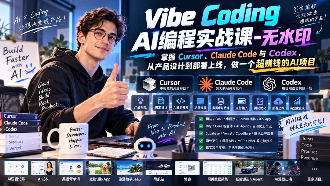 Vibe Coding AI编程实战课-无水印：掌握Cursor、Claude Code与Codex，从产品设计到部署上线，做一个超赚钱的AI项目-87副业网 - 互联网副业项目资源分享平台