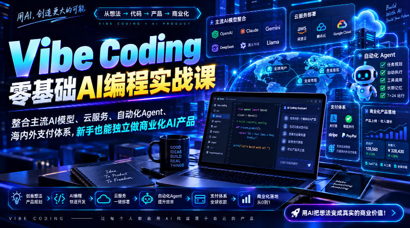 Vibe Coding零基础AI编程实战课-无水印，整合主流AI模型、云服务、自动化Agent、海内外支付体系，新手也能独立做商业化AI产品-87副业网 - 互联网副业项目资源分享平台
