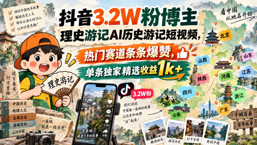 抖音3.2W粉博主理史游记AI历史游记短视频教学，热门赛道条条爆赞，单条独家精选收益1k+-87副业网 - 互联网副业项目资源分享平台