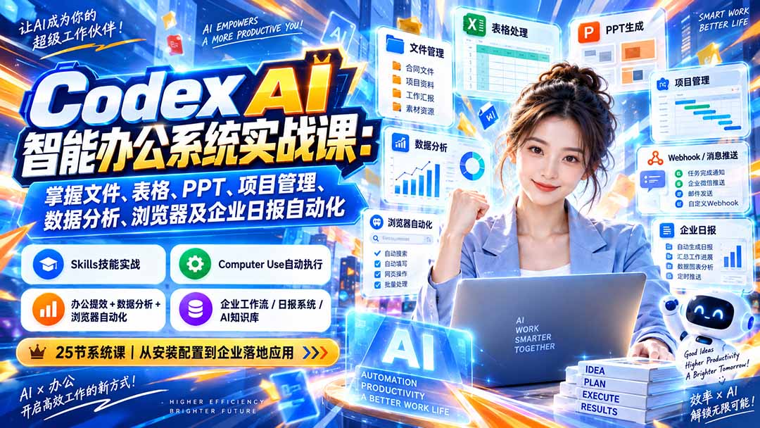 Codex AI智能办公系统实战课：掌握文件、表格、PPT、项目管理、数据分析、浏览器及企业日报自动化-87副业网 - 互联网副业项目资源分享平台