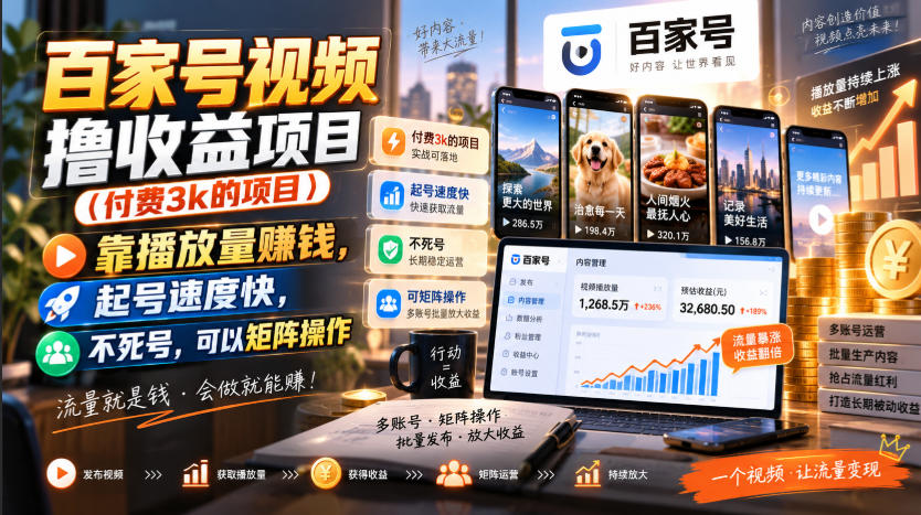 百家号视频撸收益项目(付费3k的项目)，靠播放量賺钱，起号速度快，不死号，可以矩阵操作-87副业网 - 互联网副业项目资源分享平台