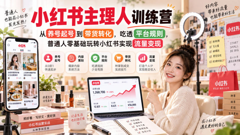小红书主理人训练营，从养号起号到带货转化，吃透平台规则，普通人零基础玩转小红书实现流量变现-87副业网 - 互联网副业项目资源分享平台