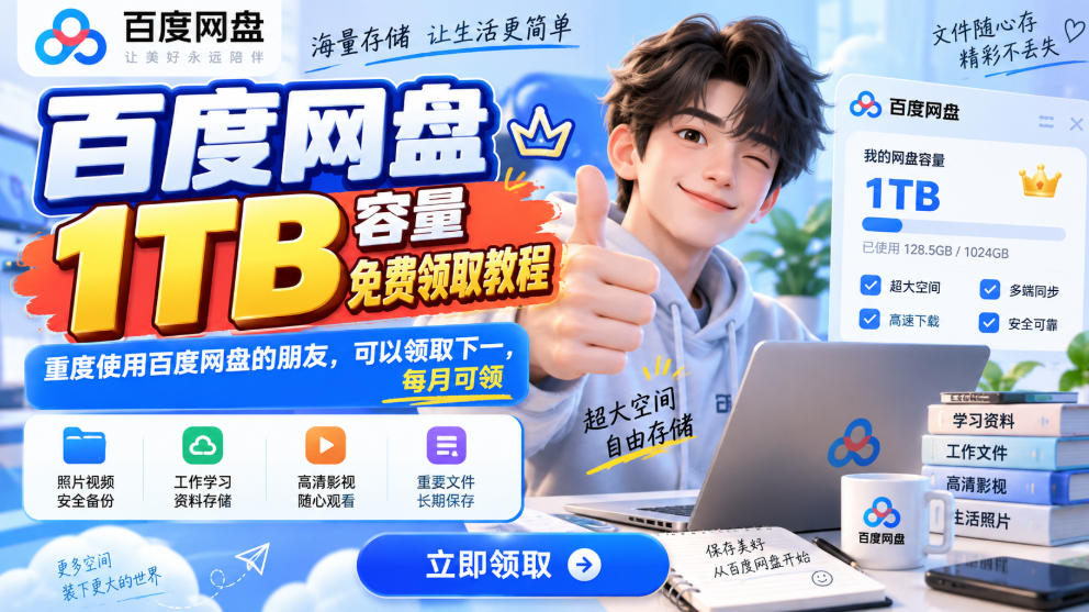 百度网盘1TB容量免费领取教程，重度使用百度网盘的朋友，可以领取下一，每月可领-87副业网 - 互联网副业项目资源分享平台